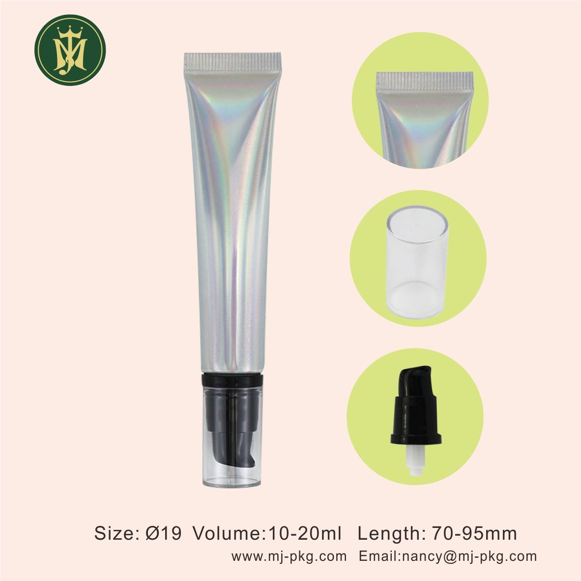 20 г 20 мл Пустой косметический мягкий алюминиевый пластиковый тюбик с безвоздушной крышкой насоса Серебряный лазерный выдавливатель для упаковки солнцезащитного крема для лица